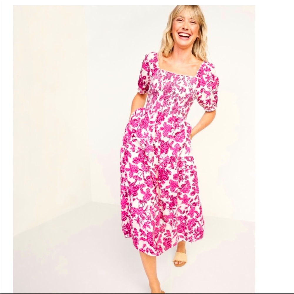 Old Navy Fit & Flare Puff-Sleeve Midi Floral Dress XS